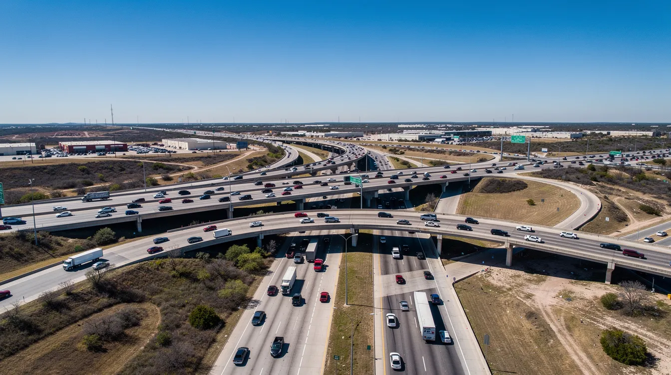 An aerial view captures a bustling Texas highway interchange, showcasing multiple lanes of traffic under clear blue skies. This scene highlights the connectivity of San Antonio, a vital hub for auto transport services and car shipping companies, facilitating efficient vehicle shipping across the region.