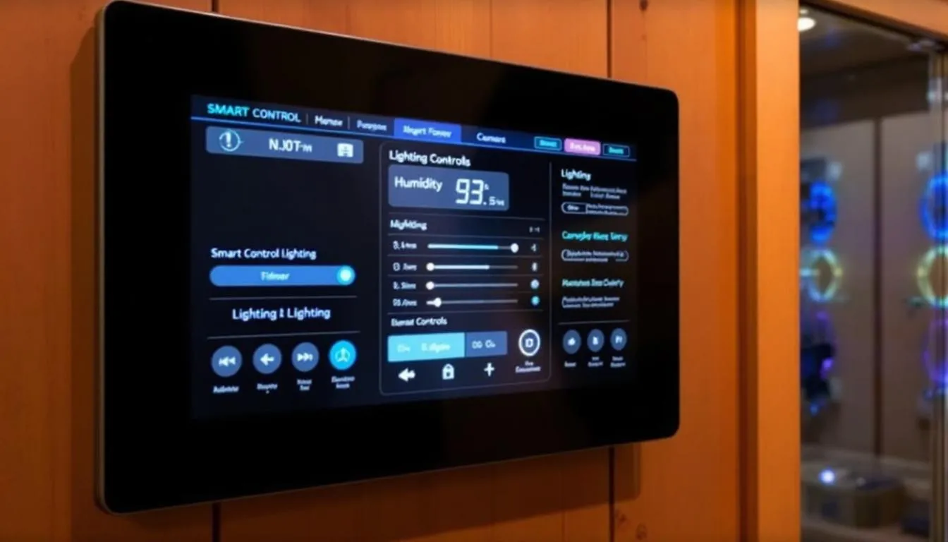 The image features a digital control panel for a sauna, equipped with smart features and LED lighting controls, allowing users to easily adjust the temperature and lighting for an optimal sauna experience. This modern panel enhances both traditional and infrared sauna sessions, promoting relaxation and health benefits like improved blood circulation.