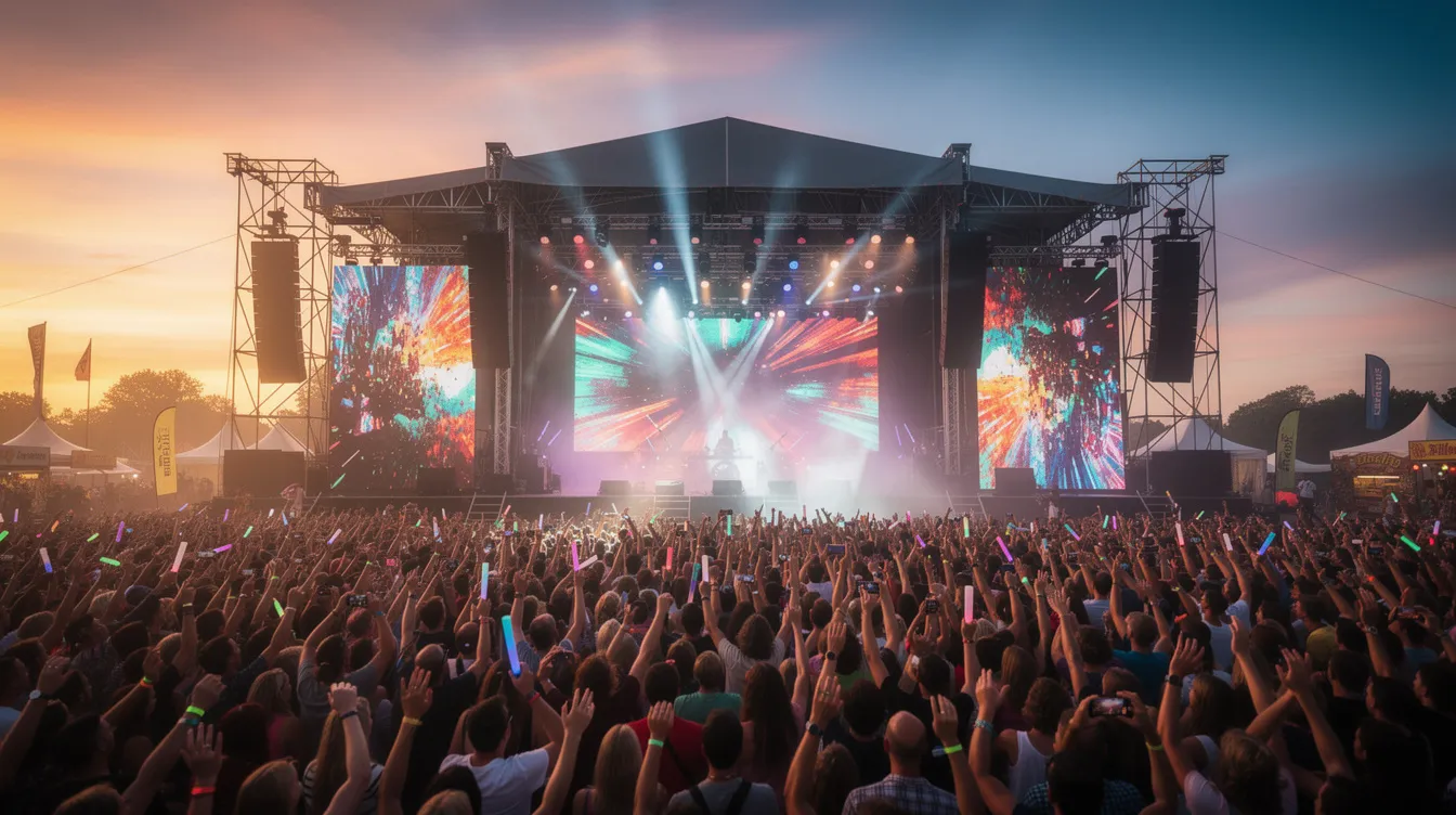 Das Bild zeigt ein großes Musikfestival bei Sonnenuntergang, mit tausenden von Zuschauern, die vor einer hell beleuchteten Hauptbühne stehen. Die Atmosphäre ist lebhaft und voller Energie, während verschiedene Bands auf der Bühne auftreten und die Menge begeistert.