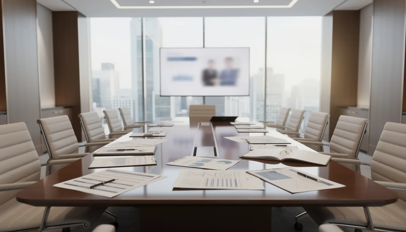 The image depicts a professional office meeting room featuring a large conference table with various documents, including a college diploma and other educational materials, spread across its surface. The setting suggests a discussion about academic credentials, possibly related to verifying qualifications or exploring options for obtaining authentic diplomas and transcripts.