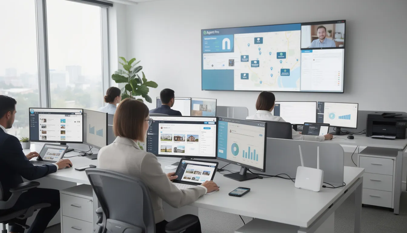 The image depicts a modern real estate office equipped with various connected devices and software platforms, showcasing essential tools for real estate professionals. This tech stack enhances client relationships and streamlines real estate transactions through project management tools, customer relationship management, and automated follow-ups, ultimately improving efficiency and client satisfaction.