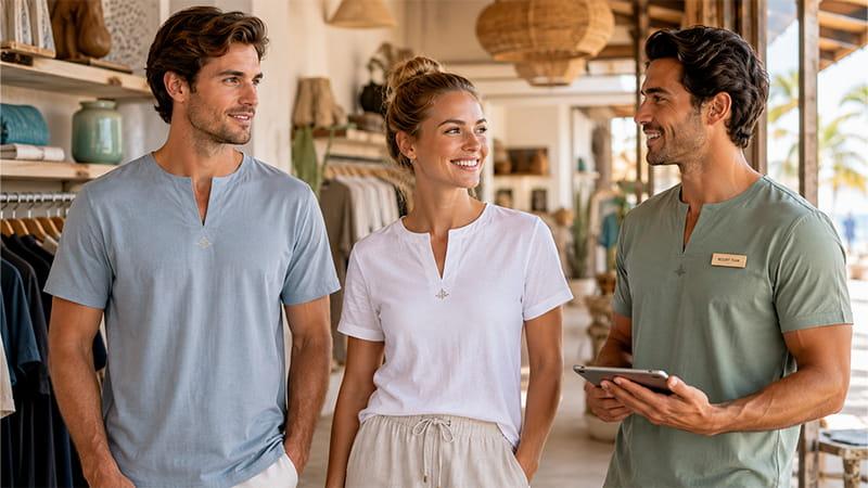 Notch neck shirts for resort teams, hospitality uniforms, travel brands, and relaxed lifestyle apparel.