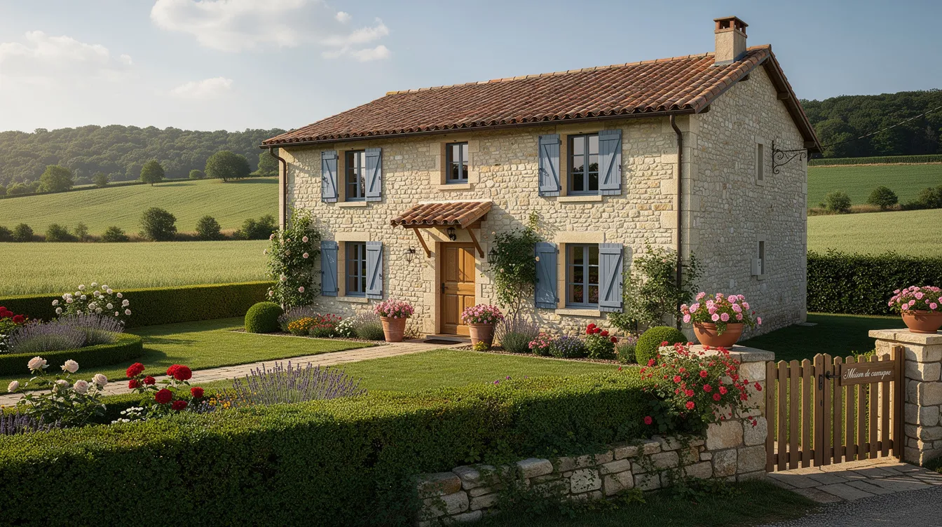 Une maison individuelle en pierre se dresse dans la campagne française, entourée d'un jardin bien entretenu. Cette charmante propriété évoque un cadre de vie paisible, idéal pour un projet de gîte ou d'assainissement avec une micro station d'épuration adaptée au nombre de personnes.