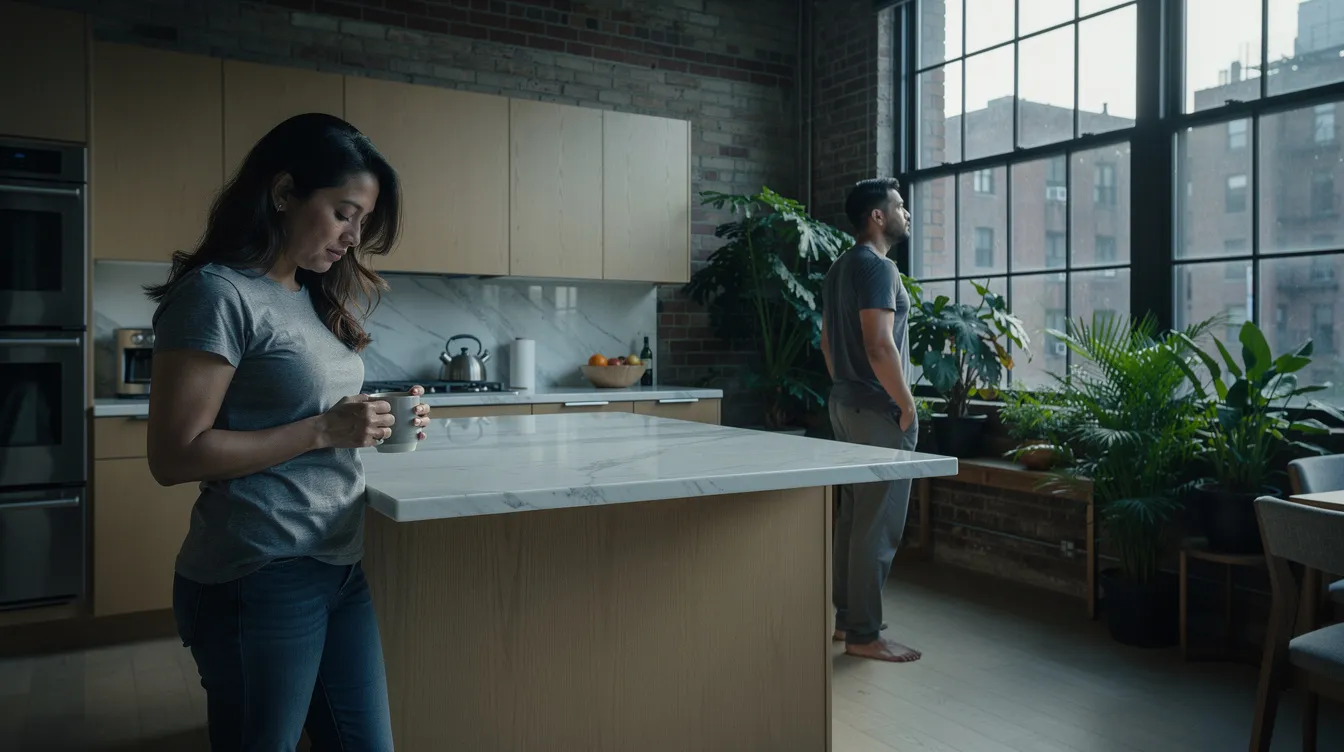 In a modern Brooklyn apartment kitchen, a Latino couple in their mid-30s exhibits subtle tension, with the woman leaning against the marble counter, gazing down at her coffee mug, while the man looks out the window. The soft morning light highlights their emotional distance, suggesting underlying issues that may benefit from couples therapy or marriage counseling to improve communication and intimacy.