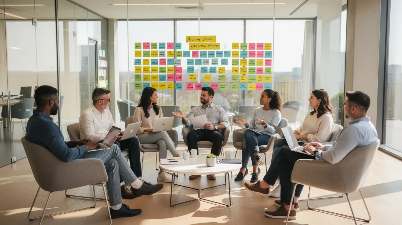 Une équipe diverse est assise en cercle dans une salle de réunion moderne, entourée de post-its colorés sur un mur vitré, illustrant un environnement propice au leadership et à la collaboration. Cette image reflète l'importance des compétences en management et de la dynamique d'équipe dans le développement personnel et professionnel.