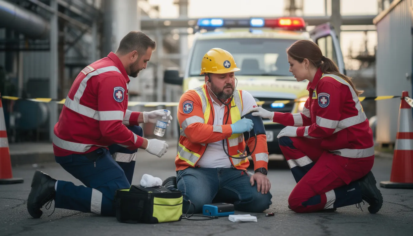 The image depicts paramedics providing medical assistance to an industrial worker wearing a safety helmet, highlighting the importance of emergency care in the workplace. This scene emphasizes the potential for accidents and injuries in industrial settings, where workers may face risks such as head and neck injuries.