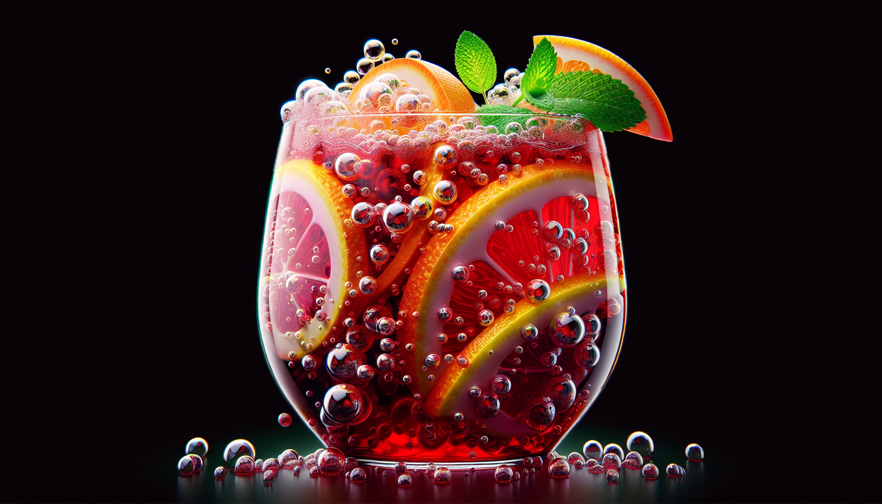 Bubbling glass of red sangria with slices of citrus fruits and a sprig of mint