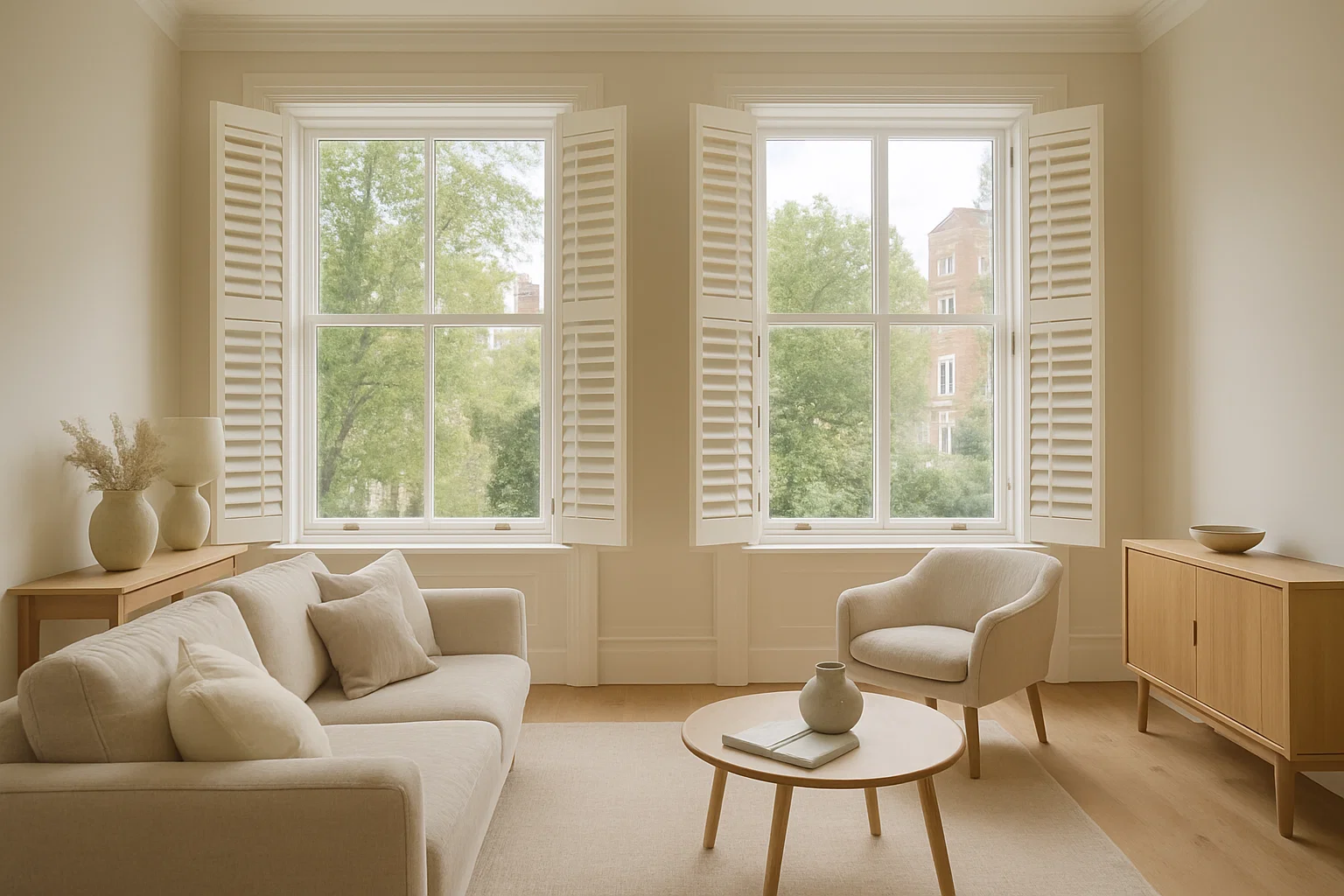 White plantation shutters in a stylish UK living room