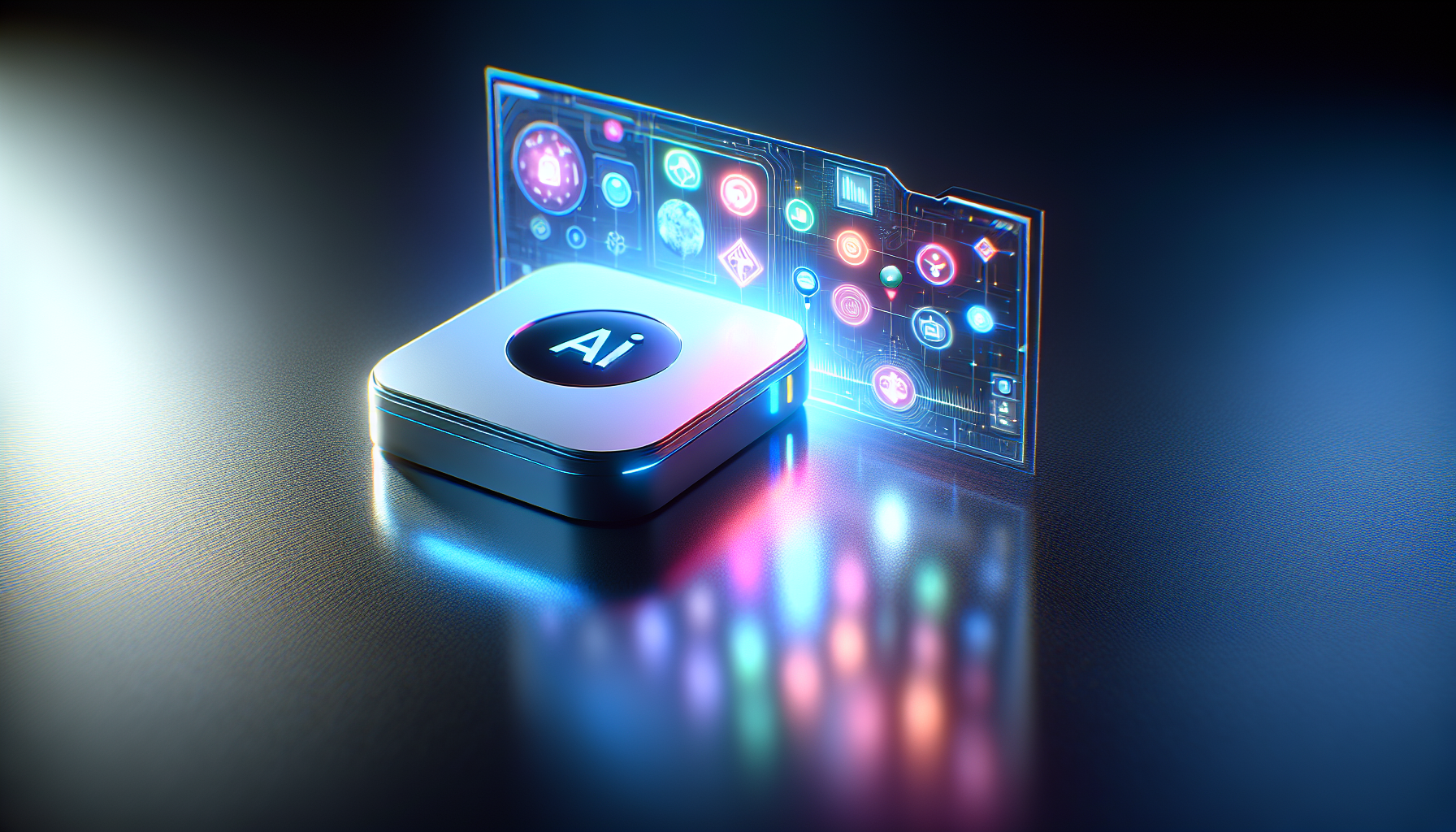 Illustration of the Ai Pin device with a laser projector UI