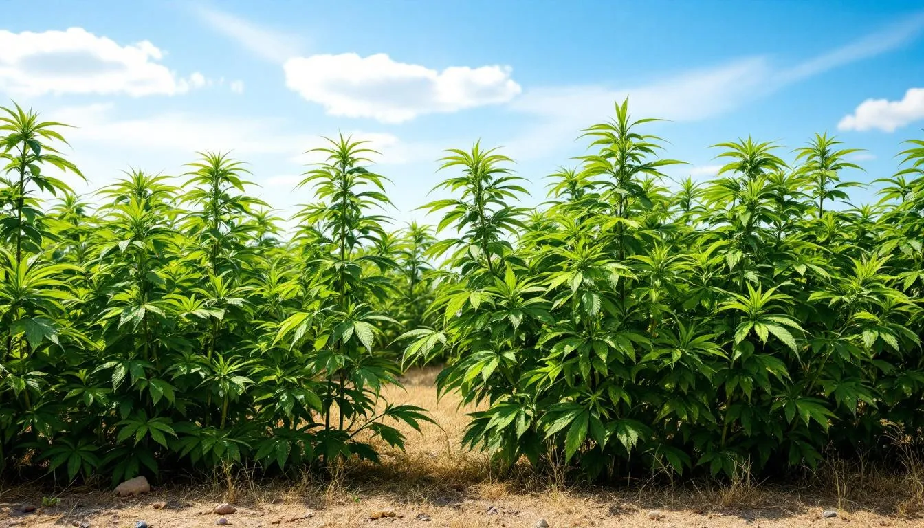 The image depicts a field of hemp plants thriving under a clear blue sky, showcasing their vibrant green leaves. This visual represents the growing interest in hemp-derived products and the evolving legal landscape regarding thca legality in Pennsylvania and beyond.