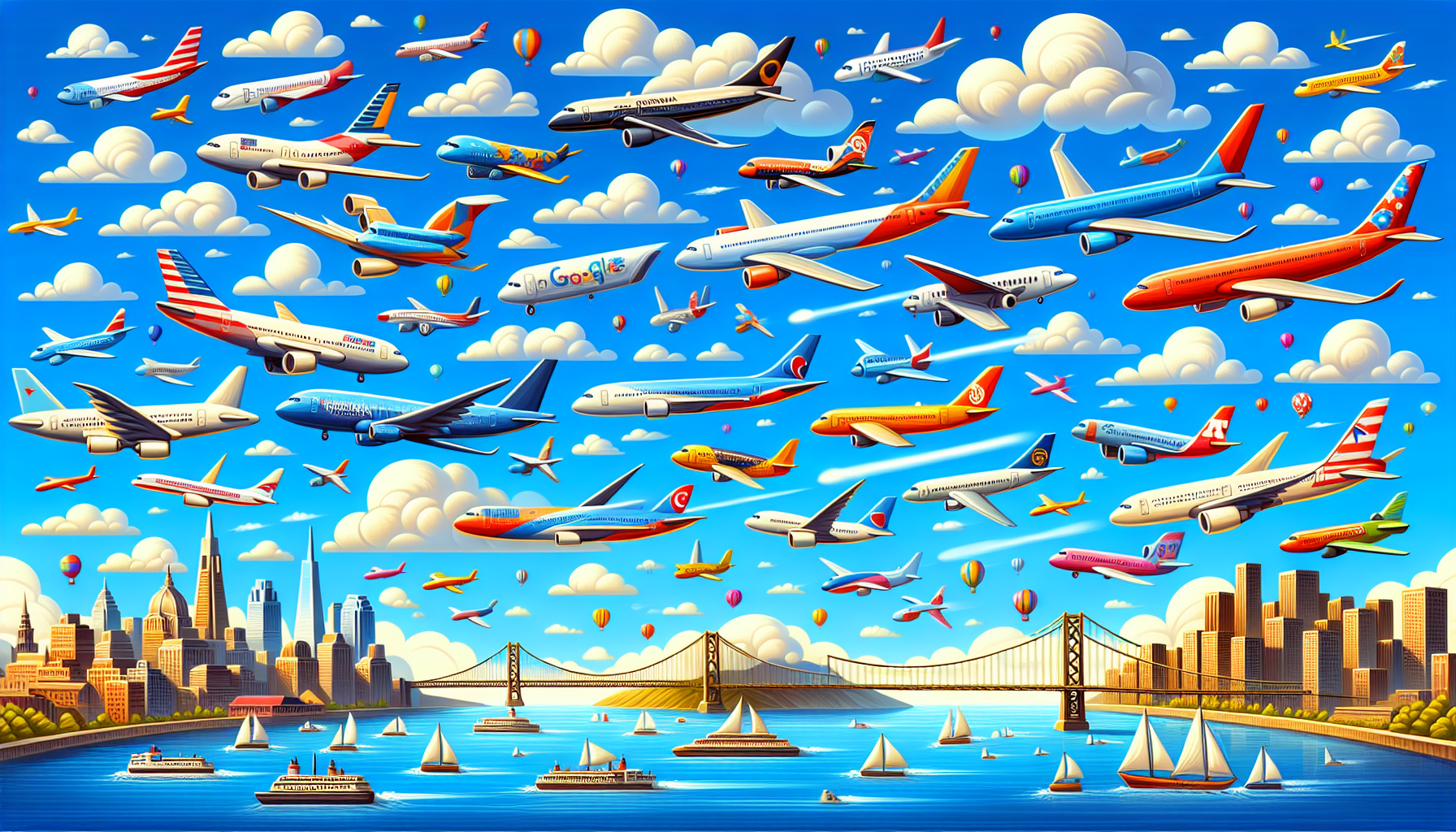 Cartoon representation of direct flights from Philadelphia to San Francisco, featuring various airlines.