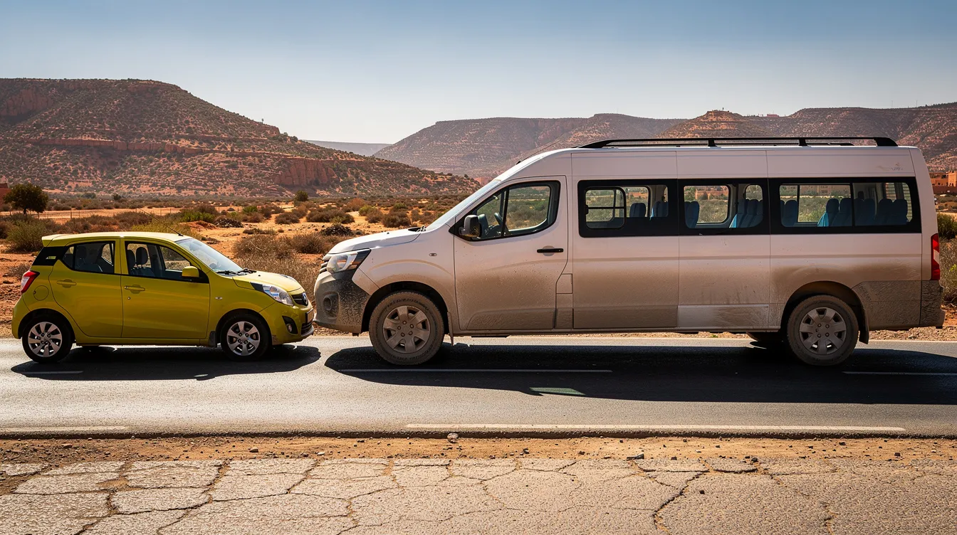 The image shows three different vehicle types parked side by side on a Moroccan road: a small hatchback, a white SUV, and a large passenger van, with hills from the Atlas Mountains visible in the background. This scene captures the variety of rental vehicles available for travelers exploring the surrounding area at their own pace.