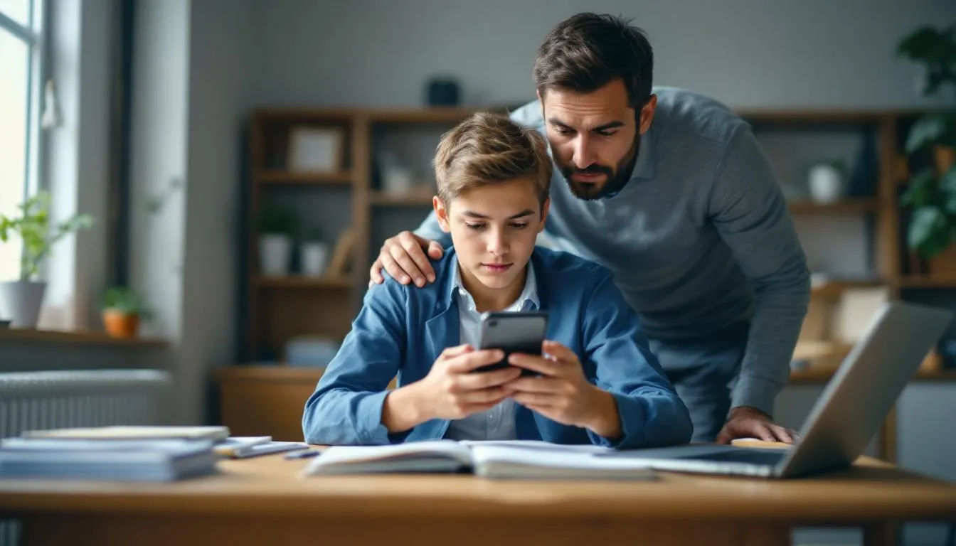 En la imagen, un estudiante está mirando su móvil, mientras un padre reflexiona sobre las diferentes opciones de clases online que podrían ofrecerse, considerando las ventajas y desventajas de plataformas como italki y otras para aprender idiomas.
