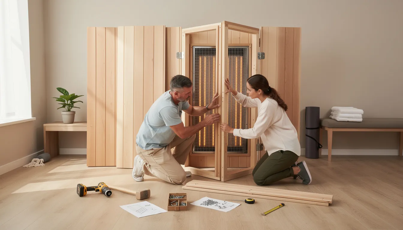 Two adults are assembling wooden panels for a home indoor infrared sauna in a wellness room, surrounded by tools that suggest a DIY project. The setup highlights the modern features of a full spectrum infrared sauna, emphasizing health benefits such as muscle recovery and relaxation.