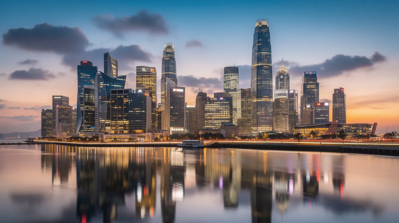 A panoramic view of a modern global financial district skyline at dusk, featuring towering skyscrapers that reflect in the water. This vibrant scene showcases the architectural grandeur associated with major commercial banks and global investment banking, symbolizing the financial services landscape of the world's largest banks.