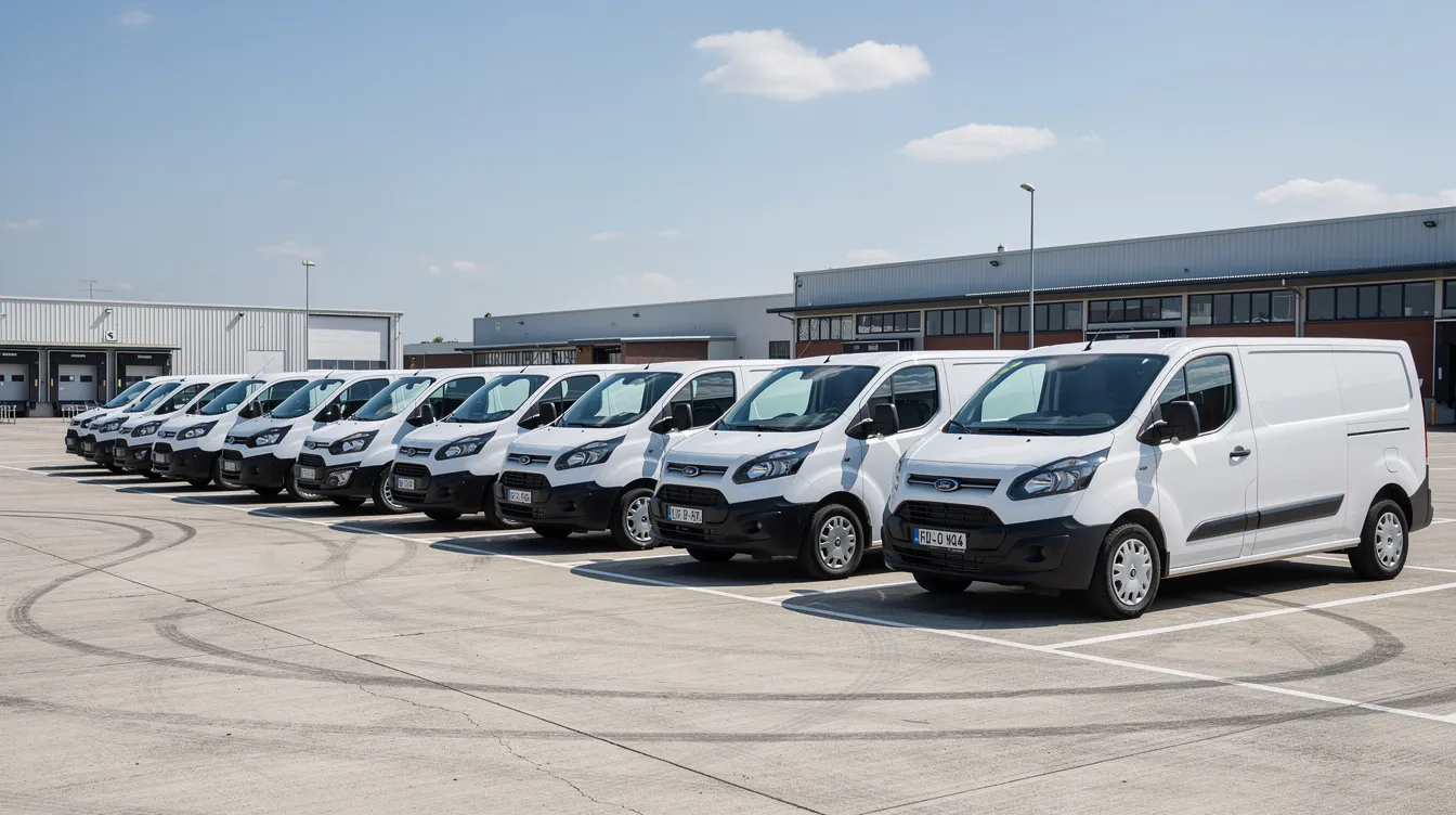 Professional Hardwired GPS Tracker Installation: A fleet yard filled with a row of commercial delivery vans is visible, with several buildings in the background. The image captures the organized arrangement of the vehicles, which may be equipped with hardwired GPS trackers for efficient tracking and route optimization.