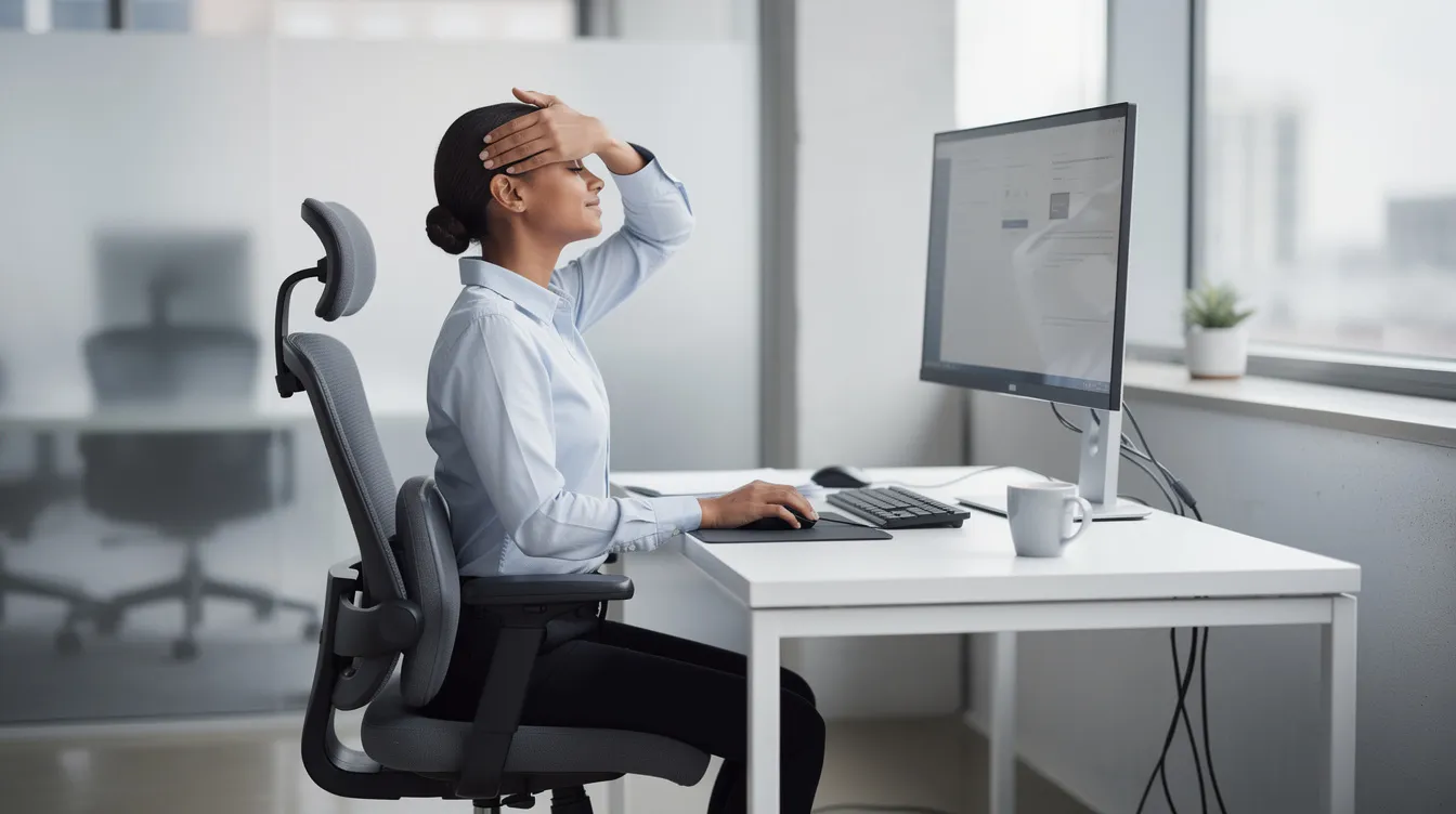 A person is sitting at a desk with good posture, their monitor at eye level, while gently stretching their neck to one side to relieve tension in the neck muscles. This practice can help prevent neck pain and improve overall spinal health.