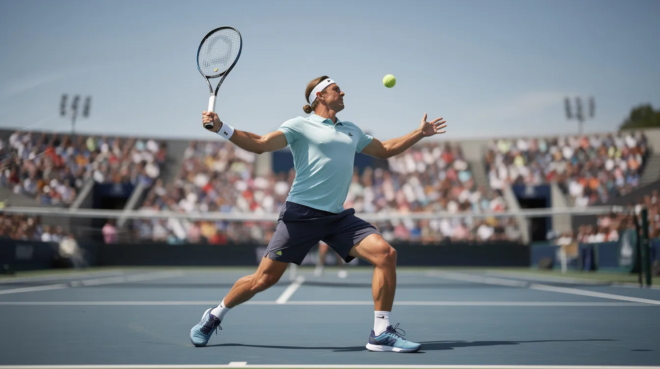 A tennis player is captured mid-follow-through on a one-handed topspin backhand, with their racquet finishing high above the shoulder. The athlete demonstrates a powerful backhand stroke, showcasing the technique and control needed to generate topspin while maintaining an open stance on the court.