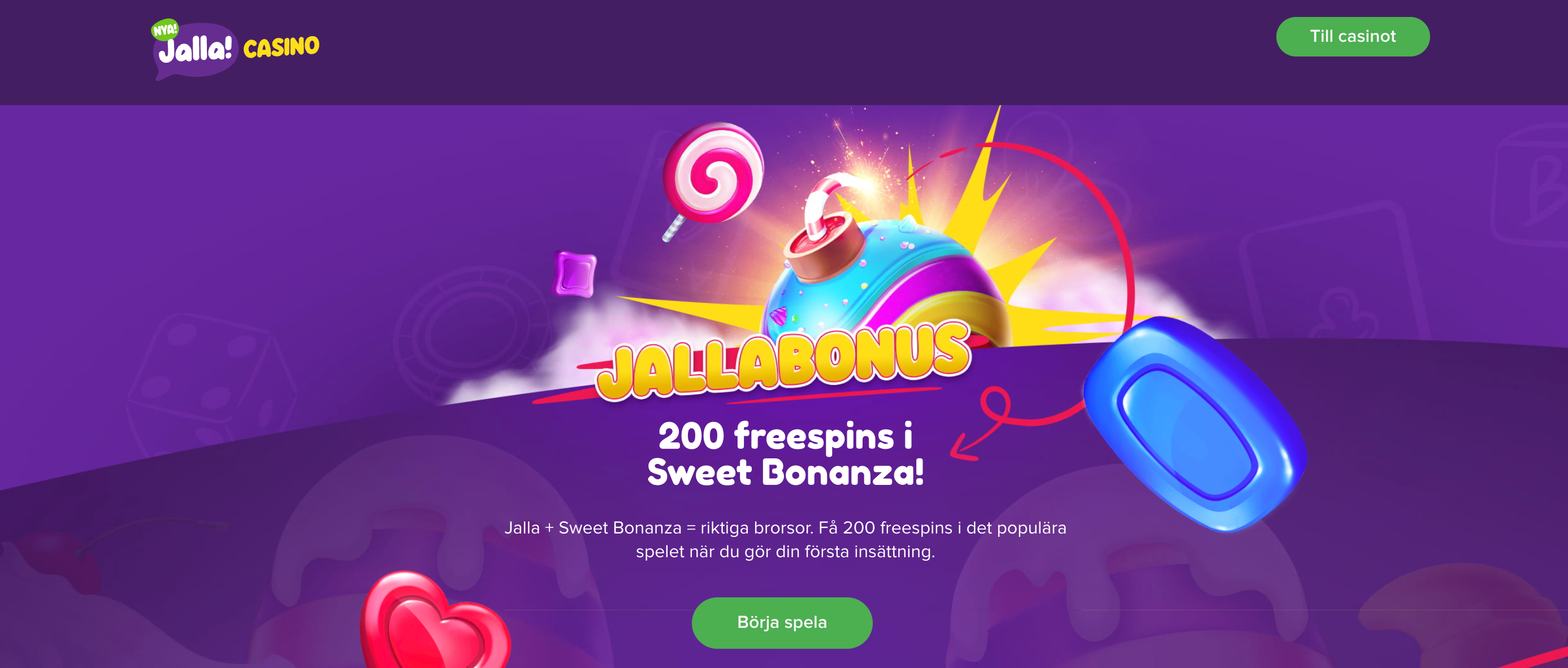 200 free spins hos Jalla Casino i Sweet Bonanza.