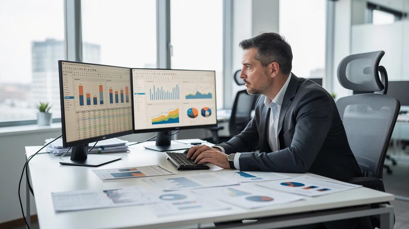 80259b8c 64aa 4df6 8d22 ede3daaef6ef A financial analyst is seated at a desk, intently reviewing spreadsheets and charts that illustrate the company's financial health, including key metrics such as debt service coverage ratio and operating cash flow. The analyst is focused on assessing the company's ability to meet debt obligations through detailed calculations of principal and interest payments, providing insights into the company's financial trend and operational efficiency.