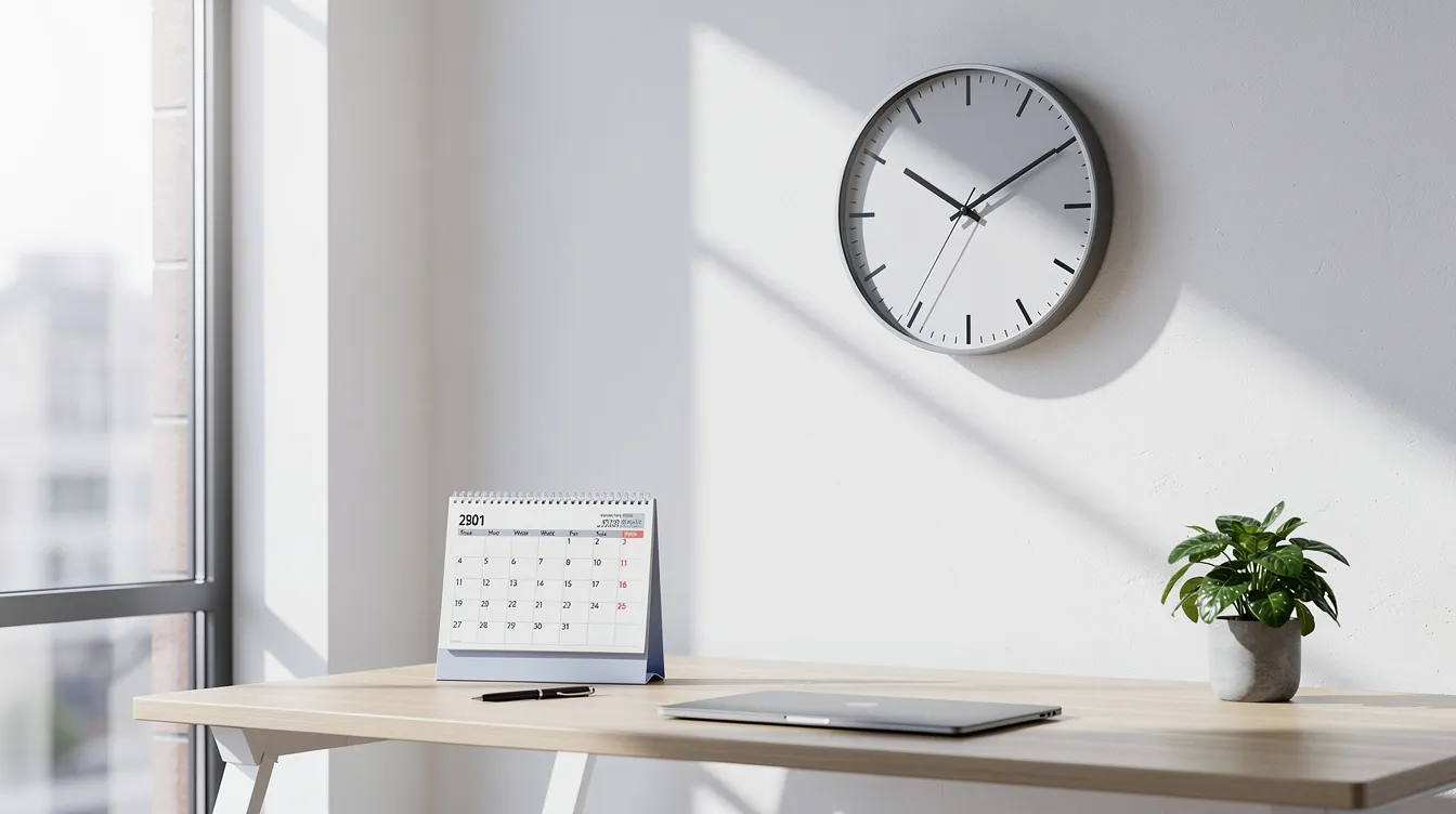 The image shows a wall clock displaying the time next to a desk calendar in a bright office setting, highlighting an organized workspace that could be associated with a Dublin visa office. This environment suggests a focus on productivity and attention to detail, which is essential for managing visa applications and ensuring compliance with Irish immigration authorities.