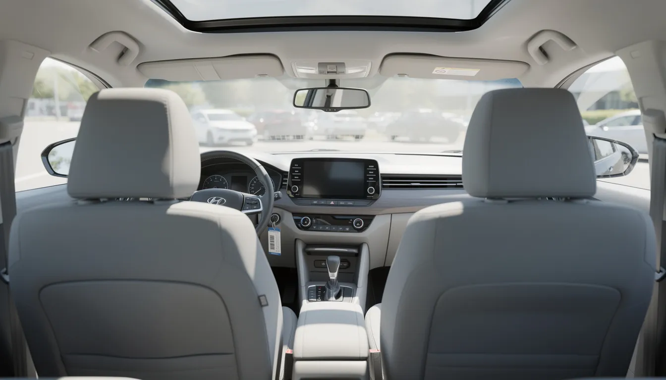 L'image montre l'intérieur d'une voiture de location vide et propre, avec un coffre ouvert, suggérant un véhicule haut de gamme prêt pour un voyage confortable. Cette scène évoque les avantages d'une location de voiture avec une carte Mastercard Platinum, offrant des privilèges et protections lors de vos déplacements.