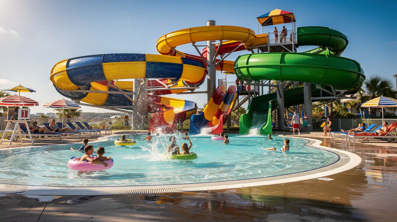 The image depicts a vibrant waterpark filled with families enjoying a day by the gigantic swimming pool, surrounded by colorful slides and sun loungers. Visitors are seen relaxing and having fun, embodying the family-friendly atmosphere perfect for a pool day in Marrakech.