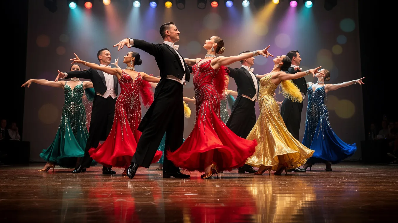A group of professional dancers in vibrant, sequined costumes is dramatically posing on a polished wooden dance floor, showcasing their talent and elegance reminiscent of "Strictly Come Dancing." The scene captures the excitement of the performances as they prepare for the grand final, surrounded by the glimmering lights of the stage.