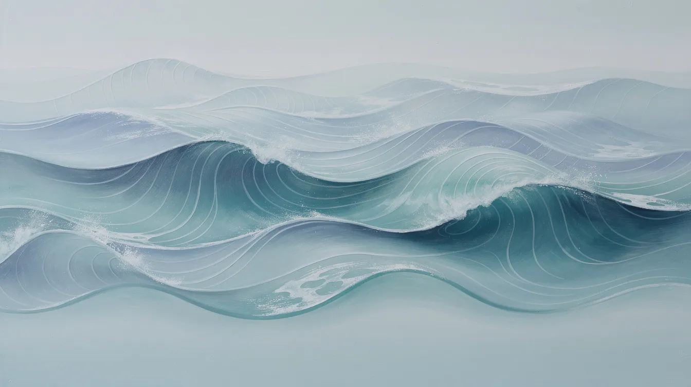 Die abstrakte Darstellung zeigt ruhige Gehirnwellen, die sanft wie Ozeanwellen fließen und somit den Zustand des gesunden Schlafs symbolisieren. Diese Wellen repräsentieren die verschiedenen Schlafphasen, die für die Regeneration von Körper und Geist während der Nacht entscheidend sind.