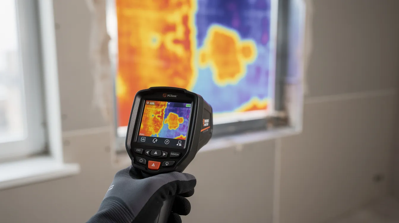 The image shows a thermal imaging camera capturing temperature variations on a wall surface, highlighting potential areas of water damage and hidden leaks. This technology is crucial for early detection of plumbing leaks and mold growth, which can lead to costly repairs and extensive structural damage if not addressed promptly.