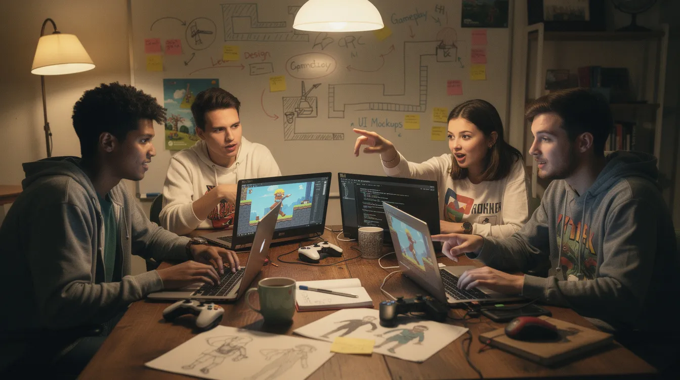 A small indie game development team collaborates around laptops, with a game prototype displayed on the screens, showcasing their coding efforts and teamwork. The atmosphere is focused and creative as they work on their project, utilizing tools like VS Code and various libraries to enhance their game development process.