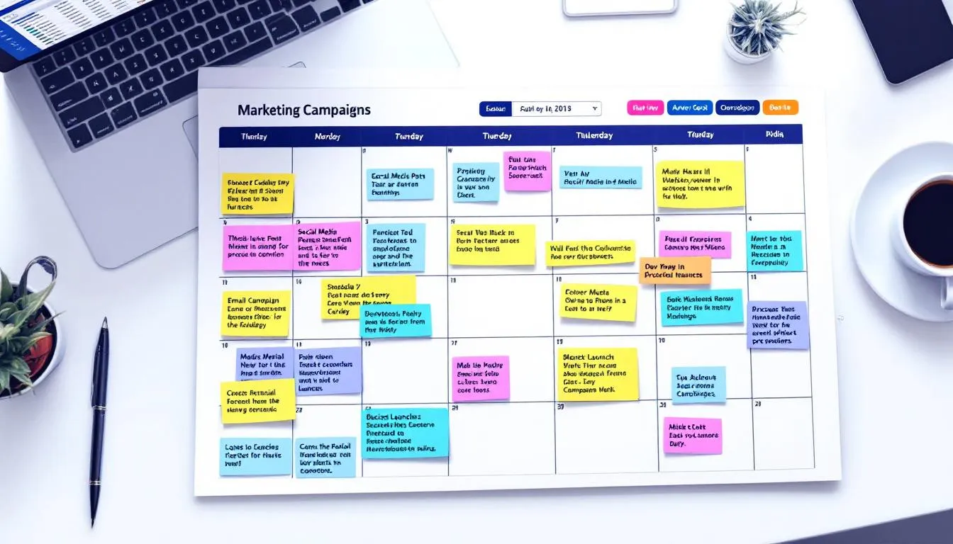 Na obrazie znajduje się kalendarz marketingowy, na którym zaznaczone są zaplanowane kampanie promocyjne. Kalendarz ten ilustruje działania promocyjne skierowane do docelowej grupy odbiorców, mające na celu zwiększenie sprzedaży oraz pozyskiwanie nowych klientów.