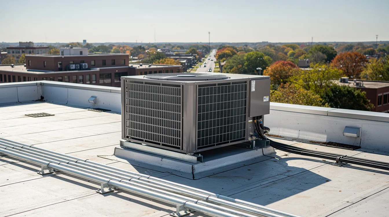 The image shows a high-efficiency air conditioning unit installed on a rooftop in Ohio, designed to provide optimal cooling for the entire house. This modern air conditioning system features an outdoor unit that enhances energy efficiency while maintaining a comfortable indoor environment.