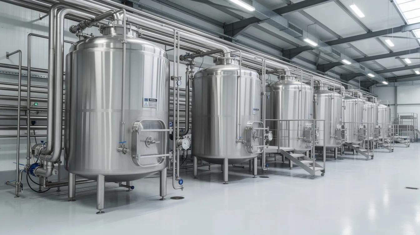 The image depicts industrial stainless steel dairy processing tanks and extensive piping within a modern food manufacturing facility, showcasing the advanced whey protein manufacturing plant setup. This environment is designed for efficient whey processing, contributing to the production of high-quality whey protein isolate and concentrate for the global whey protein market.