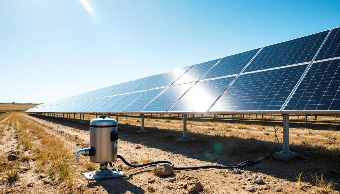 The image depicts solar panels installed on a rural farm, efficiently powering a solar water pump system for irrigation in a sunny agricultural field. This setup highlights the benefits of solar power, providing reliable operation for clean water access while promoting sustainable farming practices.