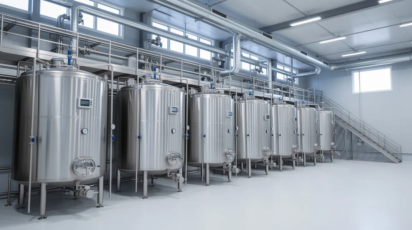 The image features large stainless steel fermentation tanks inside a modern dairy processing facility, showcasing the yogurt manufacturing process essential for producing high-protein dairy products like Greek yogurt. The tanks are designed for efficient fermentation of raw milk and other key raw materials used in yogurt production.