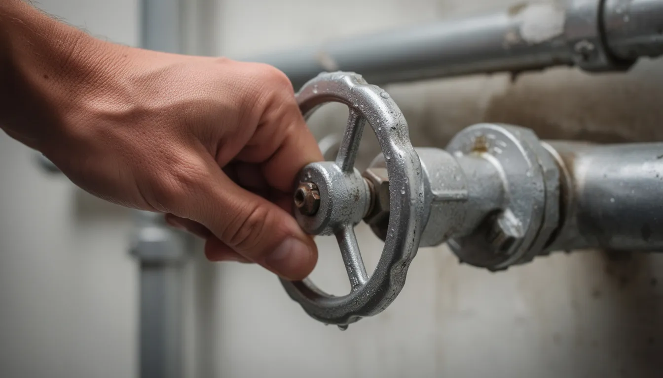 The image shows a hand turning a water supply valve to the off position, indicating a plumbing emergency or preparation for water heater repair. This action is crucial for preventing leaks and ensuring the safety of the plumbing system during maintenance or installation of a new water heater.
