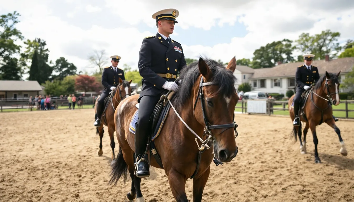Un gruppo di allievi ufficiali dell'Accademia Militare di Modena è impegnato in un'attività di equitazione presso il maneggio, indossando uniformi militari e mostrando abilità nel controllo dei cavalli. Sullo sfondo si intravede il Palazzo Ducale, simbolo della storica istituzione di formazione.