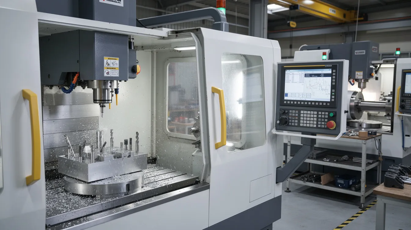 The image depicts a CNC machining setup featuring various types of CNC machines, including CNC lathes and CNC milling machines, used in the computer numerical control process to produce high precision parts from stainless steel. The scene highlights the advanced machinery and cutting tools involved in the subtractive manufacturing process, showcasing the complexity and efficiency of modern CNC machining operations.