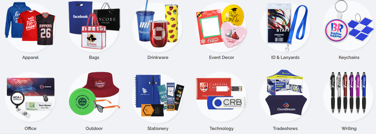 apparel bags drinkware and business card pens 