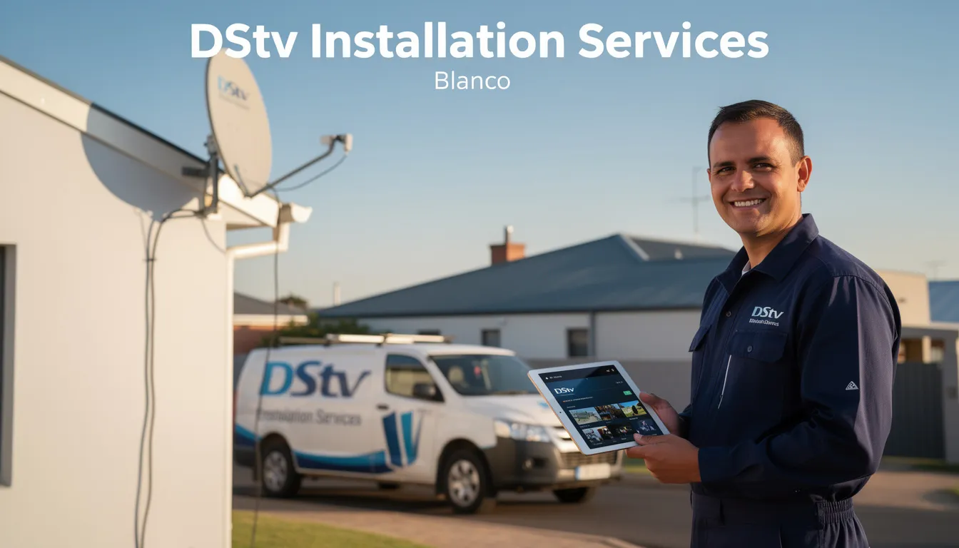 The image showcases a professional DStv installation service in Blanco, featuring skilled technicians setting up a satellite dish and decoder for optimal signal reception. The scene highlights the technicians' expertise in handling DStv installations and repairs, ensuring customer satisfaction with their comprehensive services.