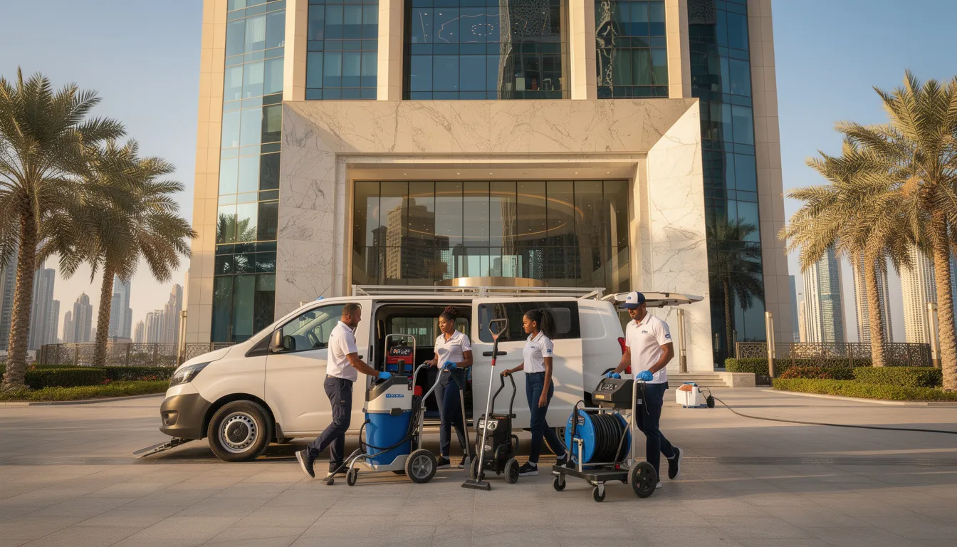 A professional cleaning team equipped with industrial tools is arriving at a modern apartment building in Dubai, ready to provide deep cleaning services. The team is prepared to tackle hard-to-reach areas and ensure a thorough cleaning of the property for customer satisfaction.