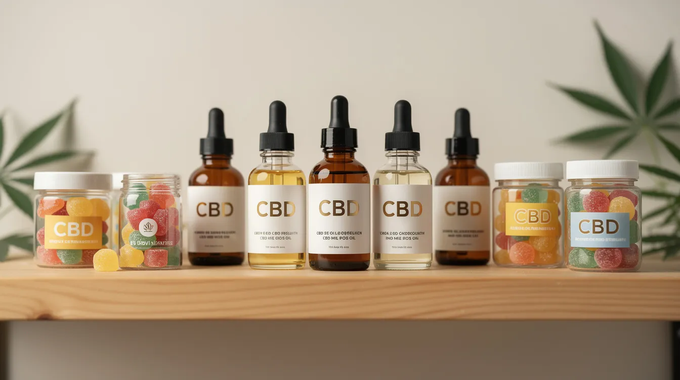 The image features a variety of CBD oil bottles and gummies, all neatly arranged on a wooden shelf, showcasing different hemp-derived products. These items, which may contain naturally occurring cannabinoids, reflect the growing interest in hemp products and their legal status under Colorado state law.