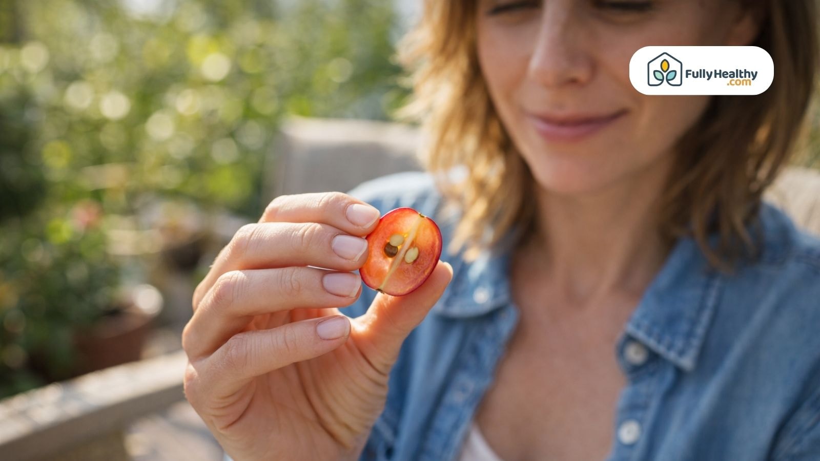 Woman holding sliced grape showing seeds with soft garden background