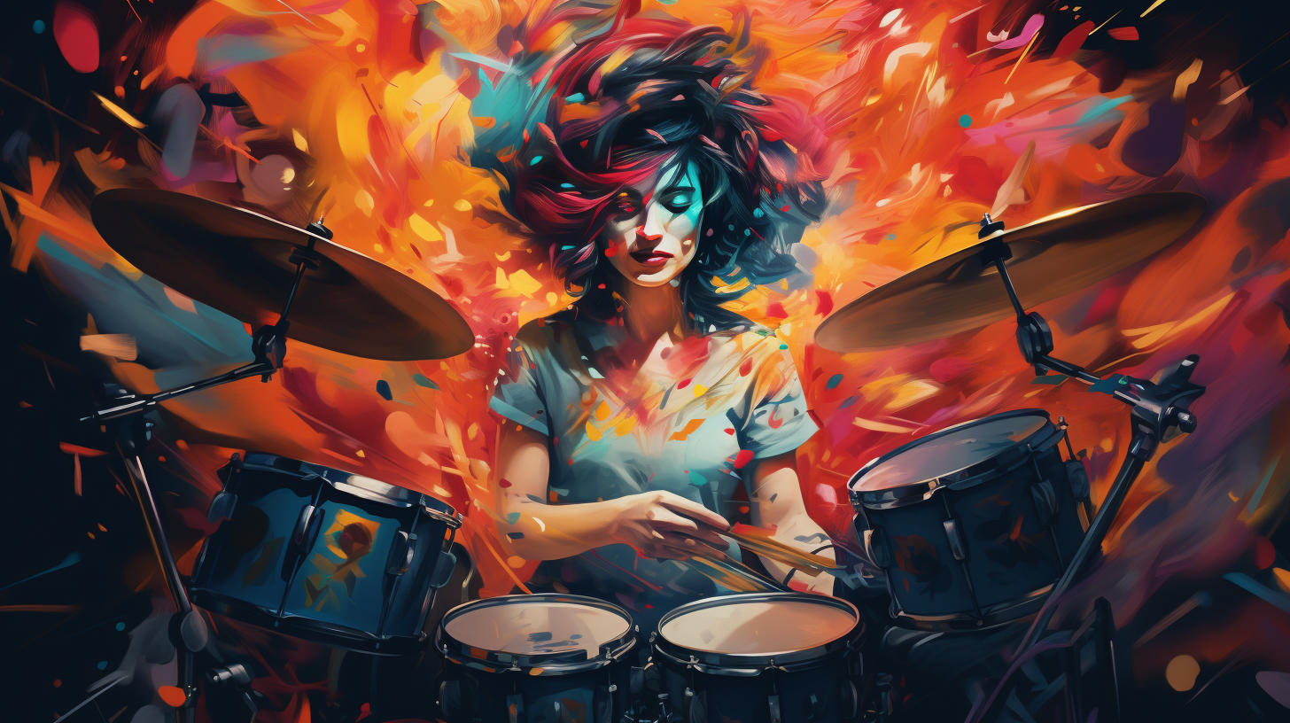 a painting of a female drummer