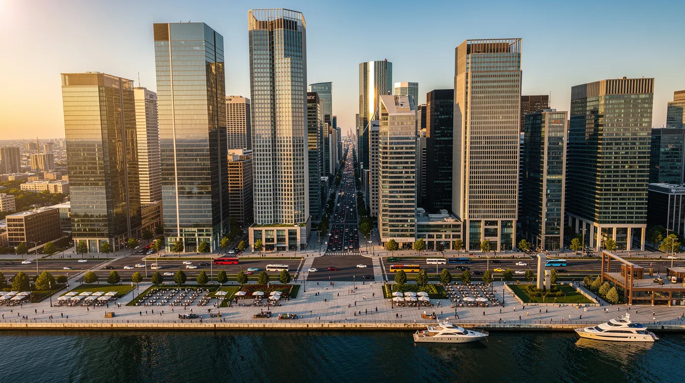 An aerial view captures a bustling modern financial district featuring sleek glass skyscrapers and a vibrant waterfront promenade. This urban landscape symbolizes the dynamic world of money transfers and banking services, where people can send money and manage their finances seamlessly.