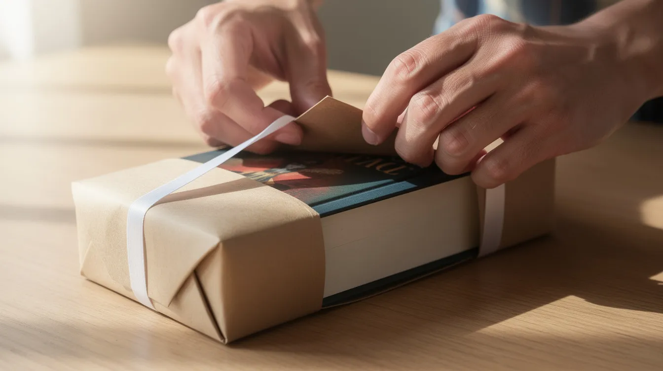 Een paar handen openen een netjes verpakt pakketje, waarin een boek is verstopt. Dit beeld toont de fysieke evidence van een product dat door klanten wordt ontvangen, wat een belangrijk aspect is van de marketingmix.