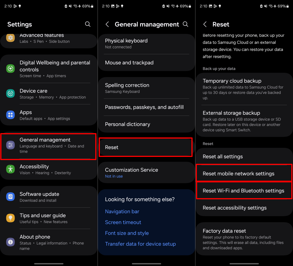 Steps to reset network settings in Android