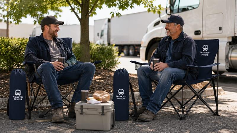 Bus drivers using personalized fold-up chairs during an outdoor waiting period