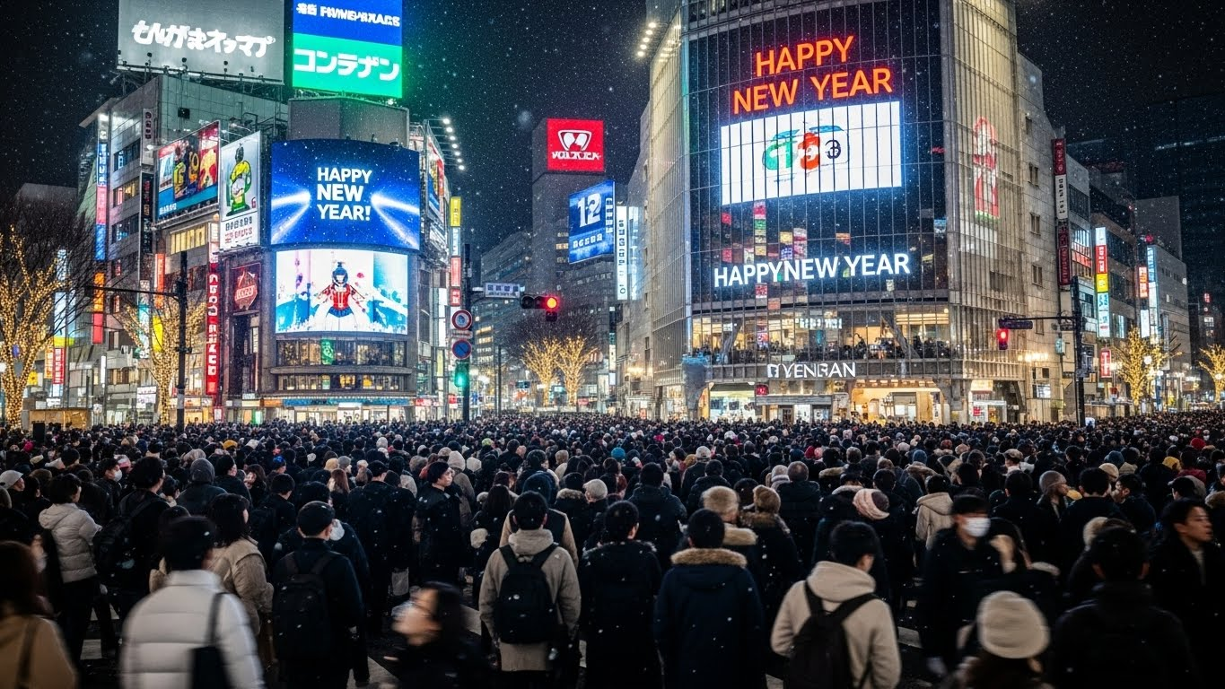 Tokyo’s Shibuya Crossing on New Year’s Eve with countdown graphics, neon lights, winter crowds, and light snowfall.
